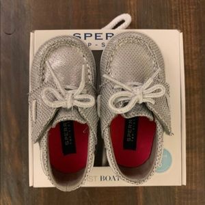 My first boat shoes- Silver Sperry Topsiders Sz 3